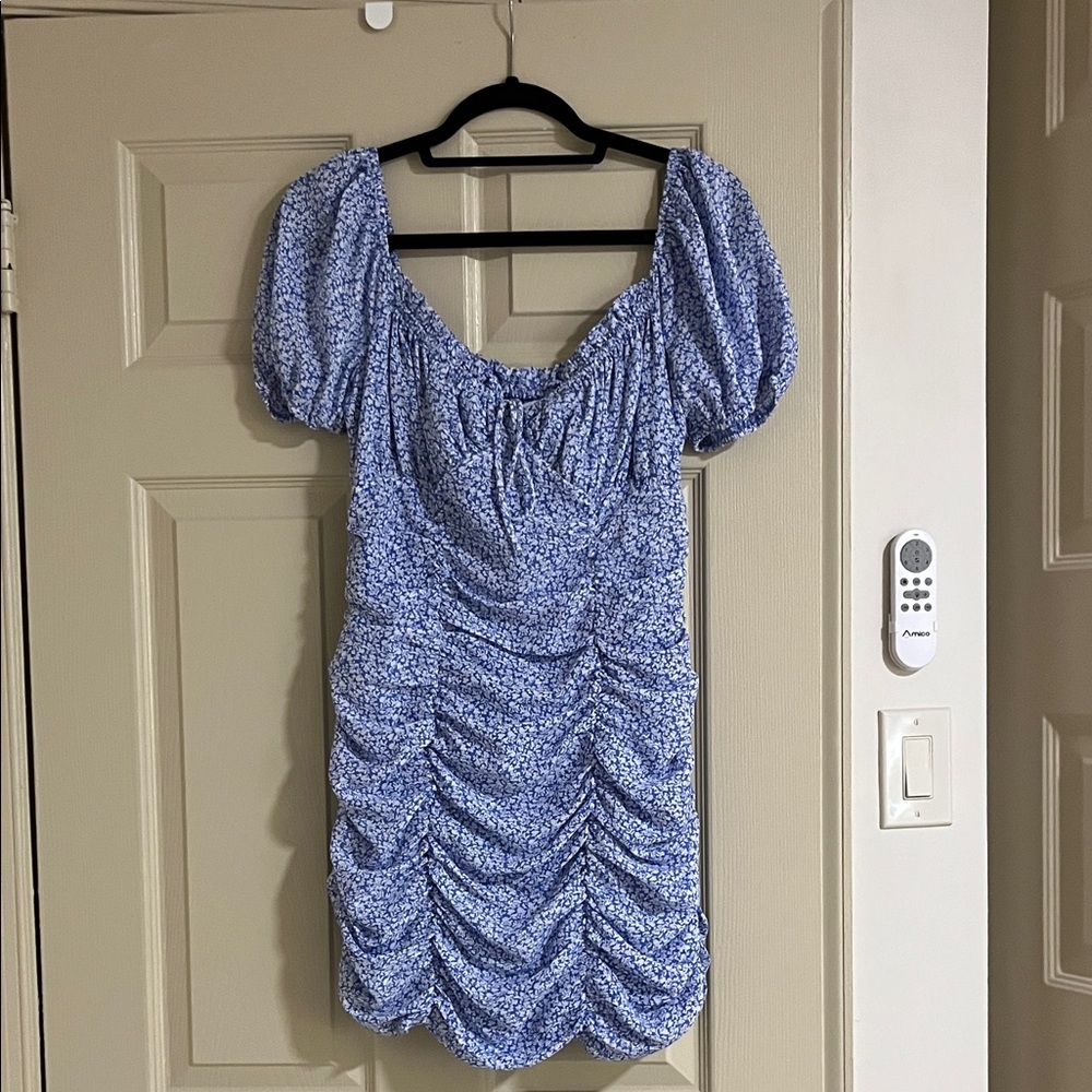 Elegant Blue Floral Ruched Mini Dress CE007